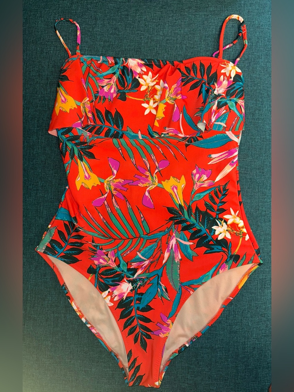 Old Navy Ladies One Piece Swimsuit Tropical Floral Flounce Large MINT CONDITION!